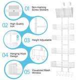 Hongtamoya Adjustable Over The Door Organizer, Hanging Door Storage with PVC Pocket and 4 Metal Baskets Wall Mount, Behind Door Rack for Bathroom Pantry Cabinet Bedroom Closet, White Hongtamoya