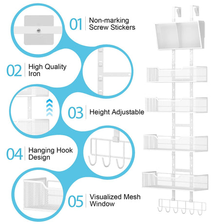 Hongtamoya Adjustable Over The Door Organizer, Hanging Door Storage with PVC Pocket and 4 Metal Baskets Wall Mount, Behind Door Rack for Bathroom Pantry Cabinet Bedroom Closet, White Hongtamoya