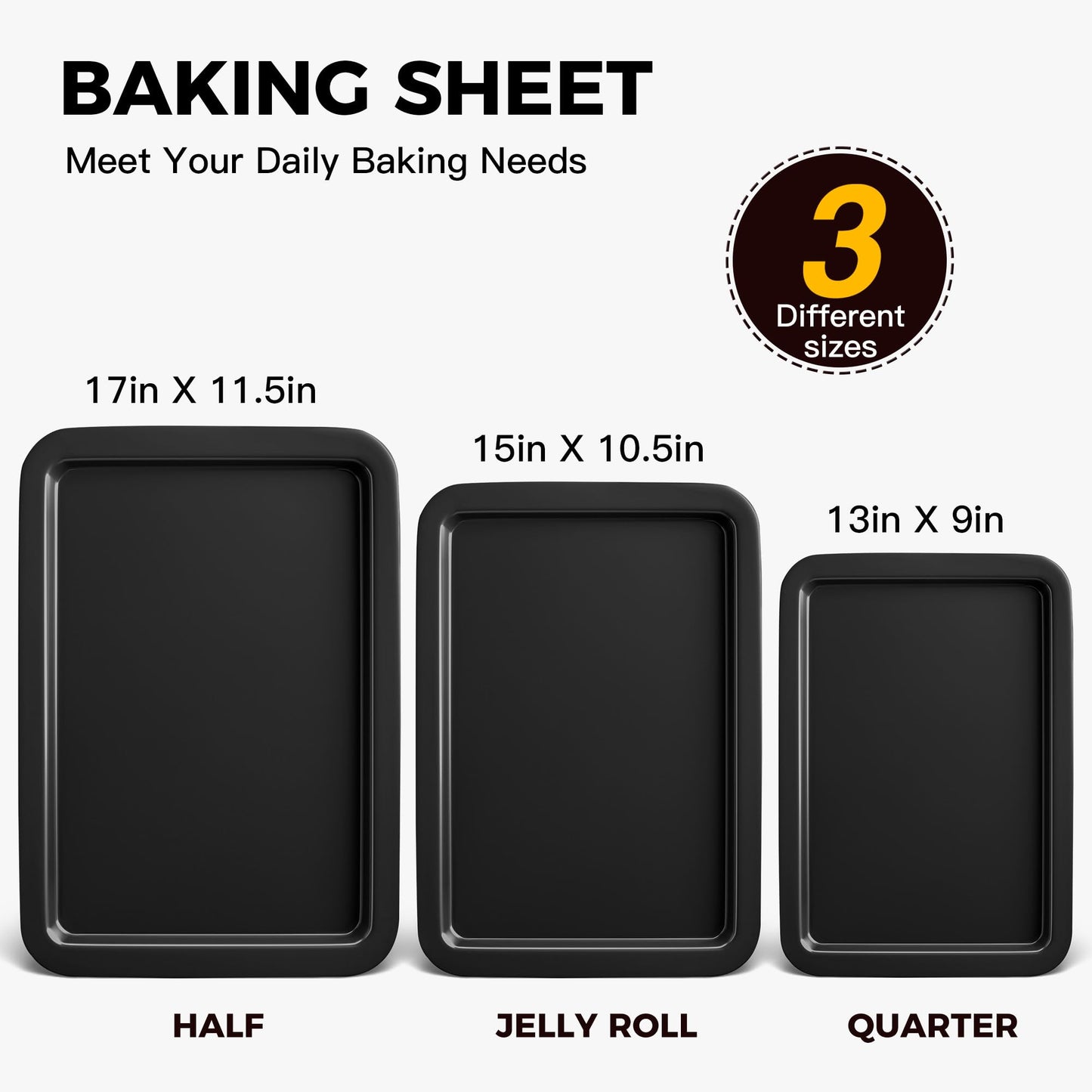 HONGBAKE Baking Sheet Pan Set, Cookie Sheet for Oven, Nonstick Bakeware Sets with Wider Grips, 3 Pack Half/Jelly Roll/Quarter Baking Tray, Premium, Dishwasher Safe - Dark Grey