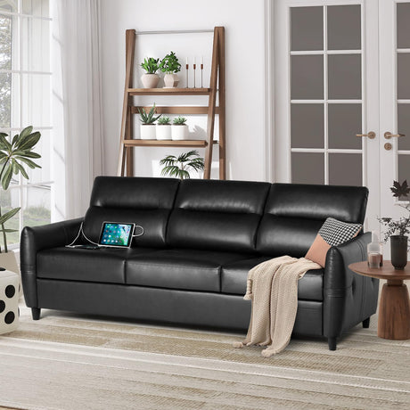 STHOUYN 85” Black Faux Leather Couch with USB, 3 Seater Sofa Couches for Living Room, Large Mid Century Modern Office Apartment Couch (Black) STHOUYN