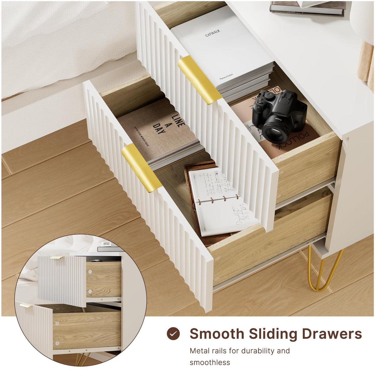 NOVAMAISON White Nightstand Set of 2, Modern Night Stand Bedside Table with 2 Storage Drawer, Bed Side End Table with Golden Handles and Legs for Bedroom, White NOVAMAISON