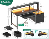 AODK 48-Inch Gaming Desk with Power Outlets & LED Light, Reversible PC Desk with Fabric Drawer and File Cabinet, Computer Desk with Keyboard Tray, Table with Full Monitor Riser and PC Stand, Black AODK