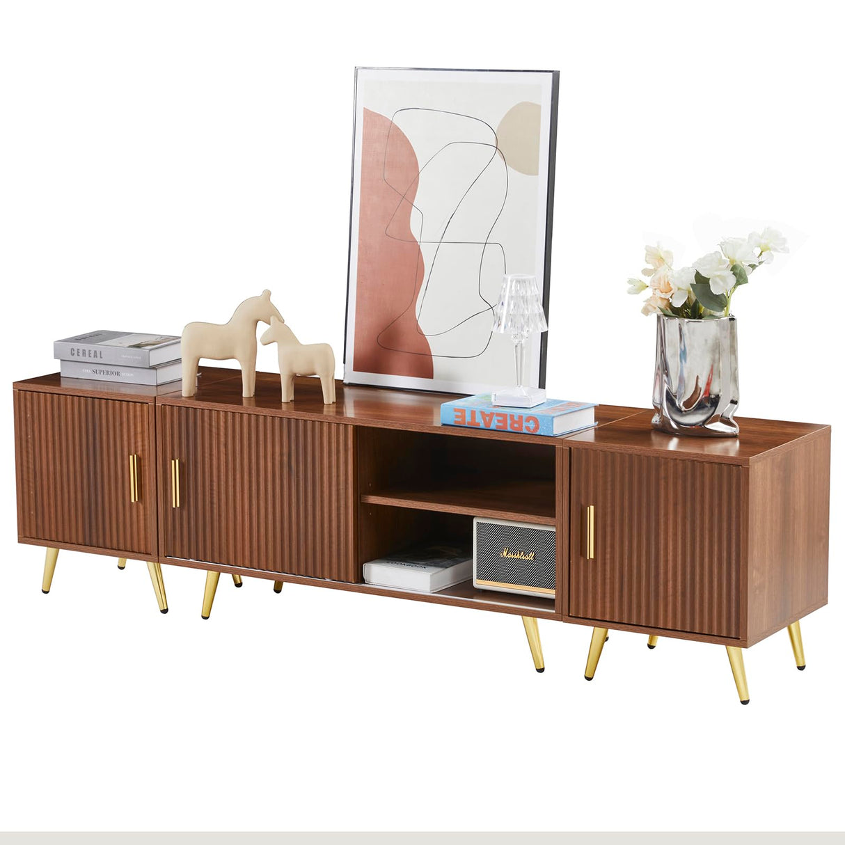 COSVALVE 71" TV Stand for 65/75/80 Inch TVs, Free Combination Walnut Entertainment Center for Living Room, Modern with Fluted Panel, Storage Cabinets, Adjustable Shelves & Metal Legs COSVALVE