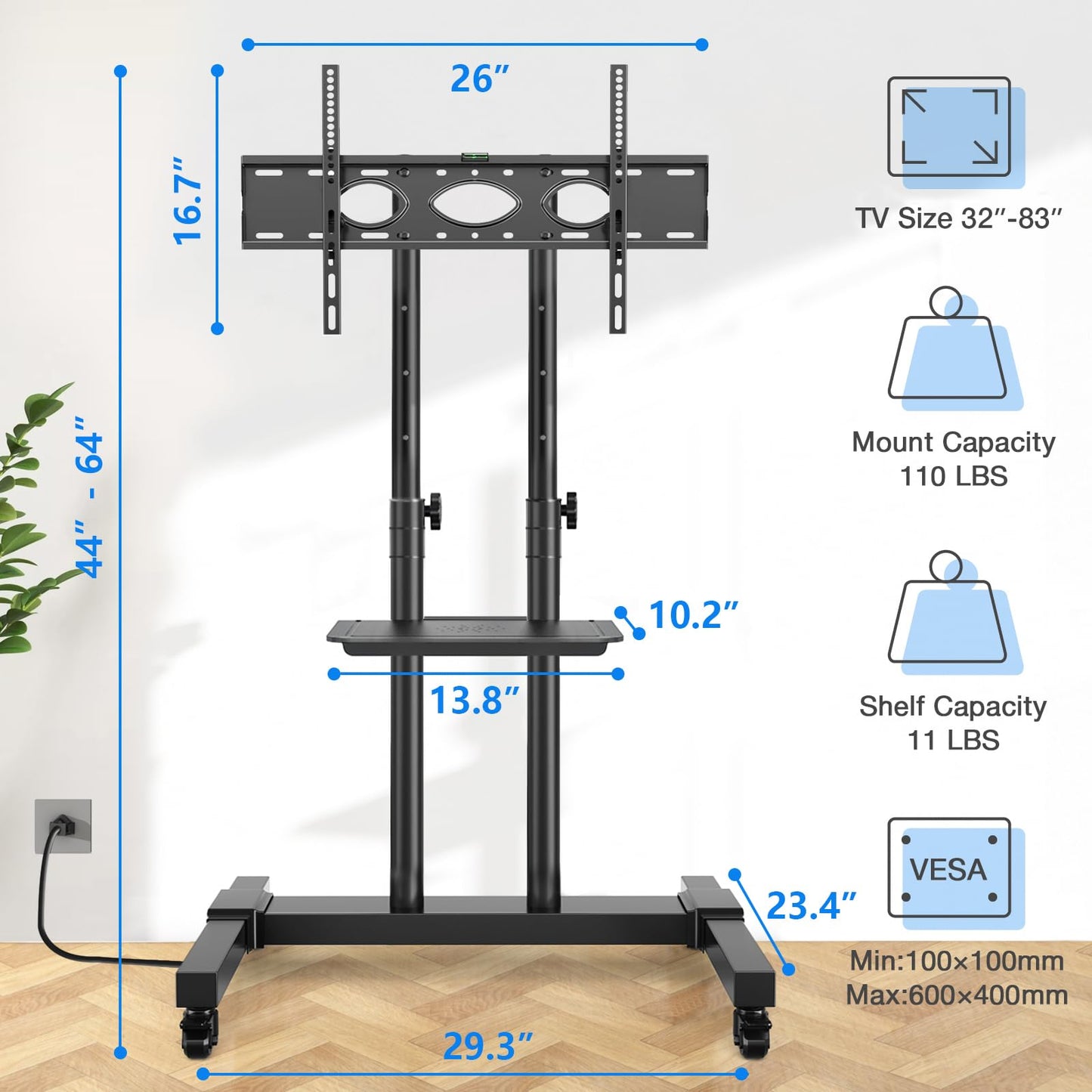 Rfiver Upgraded Rolling TV Stand with Power Outlet for 32-83 Inch TVs, Heavy Duty Mobile TV Cart on Wheel up to 110 lbs, Height Adjustable Portable TV Stand with Shelf for Bedroom, Living Room, Office