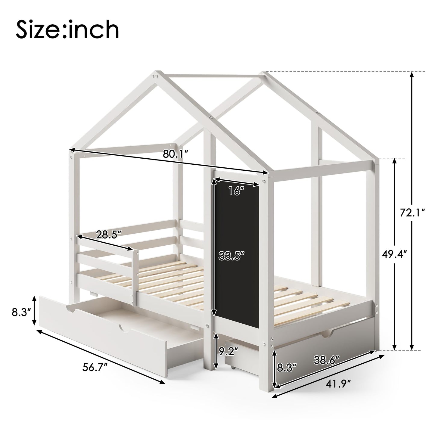 DNYN Twin Size House Bed with Storage Drawers and Blackboard Design, White - WoodArtSupply