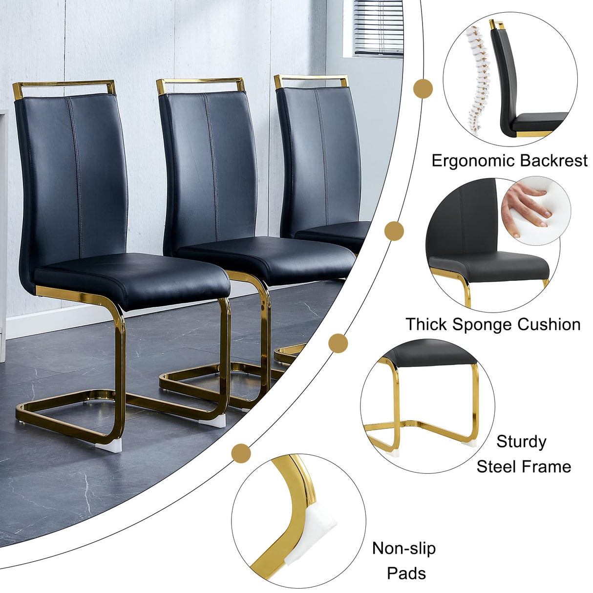 CTPNMCIN Modern Dining Table Set for 4, 55'' Gold Dining Room Table Set with 4 Black Faux Leather Chairs, Black Wood Tabletop with Gold Metal Legs, Suitable for Small Space CTPNMCIN