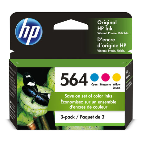 HP 564 Cyan, Magenta, Yellow Ink (3-pack) | Works with DeskJet 3500; OfficeJet 4620; PhotoSmart B8550, C6300, D5400, D7560, 5500, 6510, 6520, 7500, Plus, Premium, eStation Series | N9H57FN HP