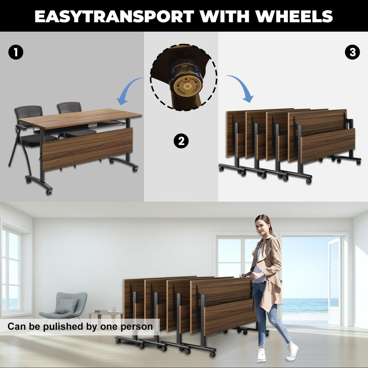 Folding Conference Table,Modern Office Conference Room Table,Mobile Flip Top Training Tables with Caster Wheels,Foldable Meeting Table Seminar Tables for Office,Meeting Room (6 Pack, 55.1x23.6x29.5in) Crevew