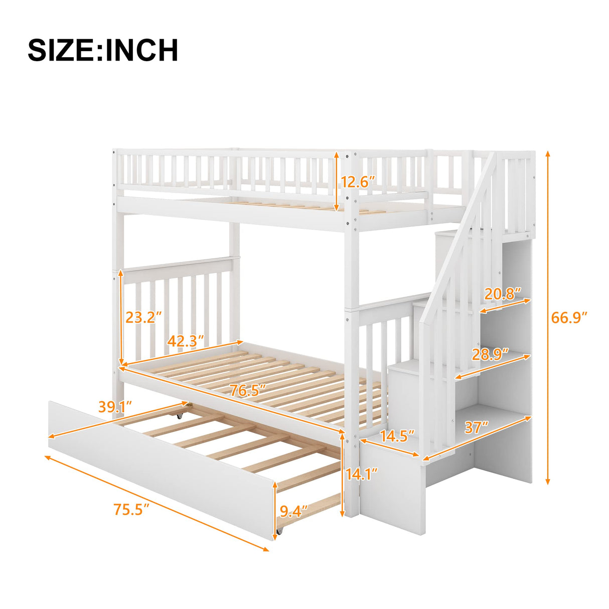 Elegant Twin Over Twin Bunk Bed with Stairs & Trundle - Harper & Bright Designs, White Solid Wood Frame Harper & Bright Designs