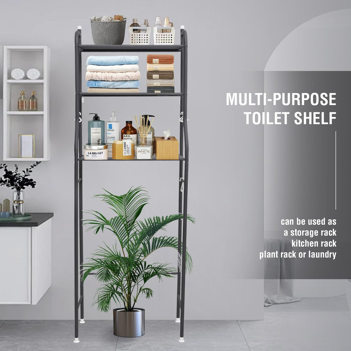 Metal Over Toilet Storage Stand Above Bathroom Organizers and Storage Cabinet Behind Over The Toilet Shelf Rack 3 Tier Bathroom Shelves Over Toilet Freestanding Space Saver with Toilet Paper Holder Rindoujin