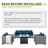 Lviden 4 Piece Wicker Patio Furniture Sets Outdoor Conversation Set PE Rattan Sectional Sofa Couch with Fire Pit Table and Peacock Blue Cushions Lviden