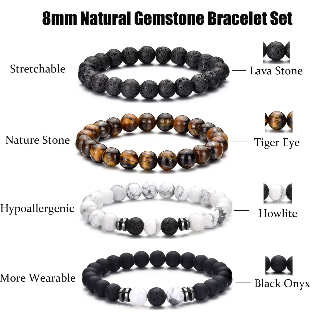 RANKEEF Tiger Eye Bracelet For Men 8MM Natural Stone Beads Bracelet Set Stretch Lava Rock Bracelets Adjustable Black Crystal Beaded Bracelet for Men Women Gifts RANKEEF