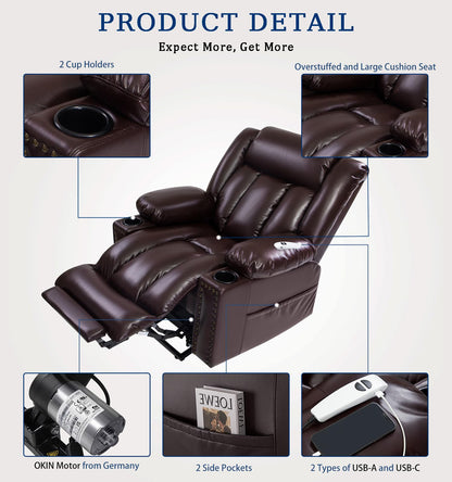 Large Power Lift Chairs Recliners for Elderly with Heated and Massage, Overstuffed Adjustable Lift Chairs, 3 Positions, Breathable Leather, USB-A and USB-C, Cup Holder, Side Pocket Dark Brown