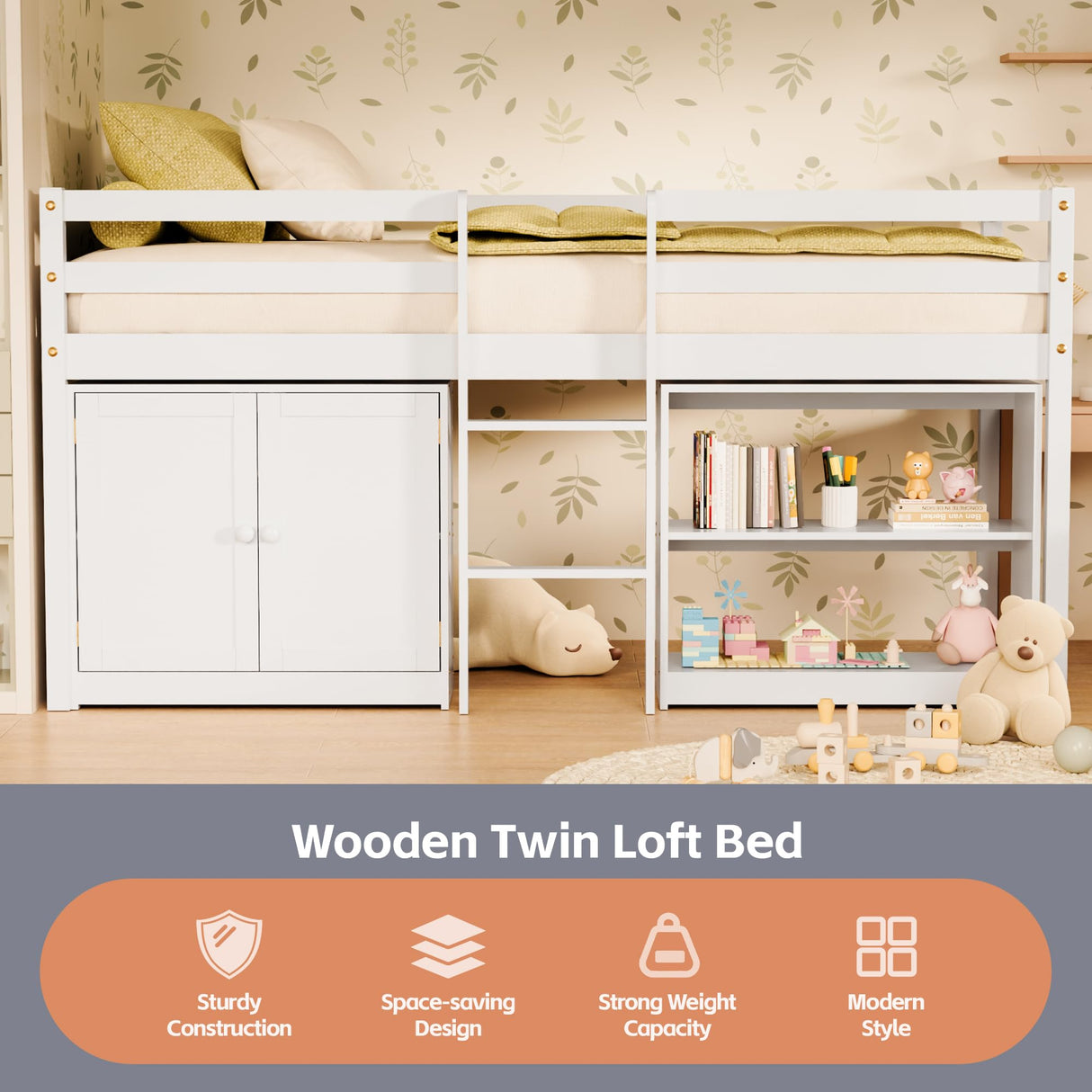 TOLEAD Kids Loft Bed, Twin Loft Bed with Lights, Toddler Loft Bed with 14" H Safety Guardrail, Low Loft Bed with Storage Bookcase and Under-Bed Play Space, Modern Low Loft Beds for Boys Girls (White) TOLEAD