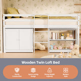 TOLEAD Kids Loft Bed, Twin Loft Bed with Lights, Toddler Loft Bed with 14" H Safety Guardrail, Low Loft Bed with Storage Bookcase and Under-Bed Play Space, Modern Low Loft Beds for Boys Girls (White) TOLEAD