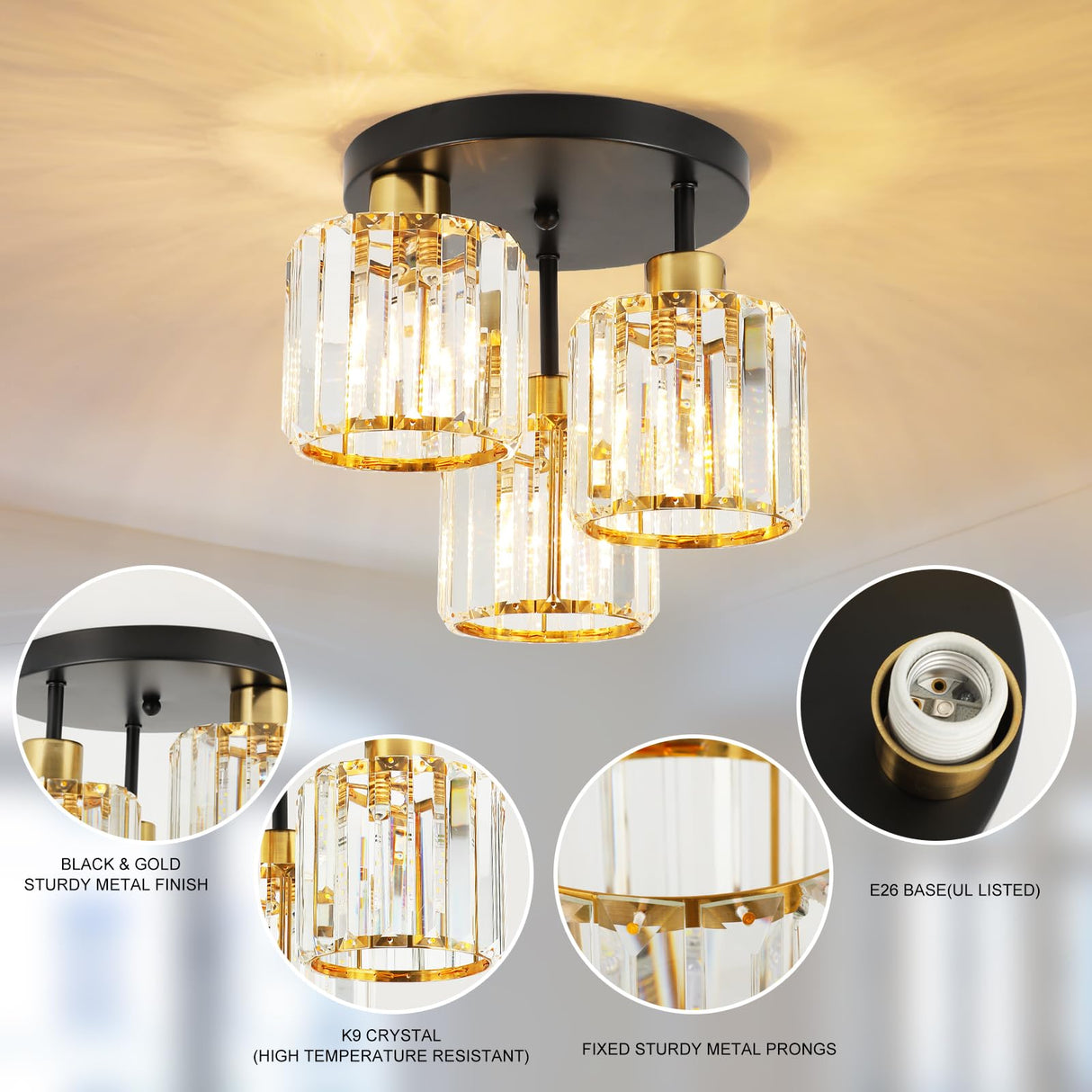 foucasal Semi Flush Mount Ceiling Light 3-Light Black Flush Mount Ceiling Light Fixture with K9 Crystal Shades, Industrial Kitchen Ceiling Light for Hallway Entryway Bedroom, E26 Socket foucasal