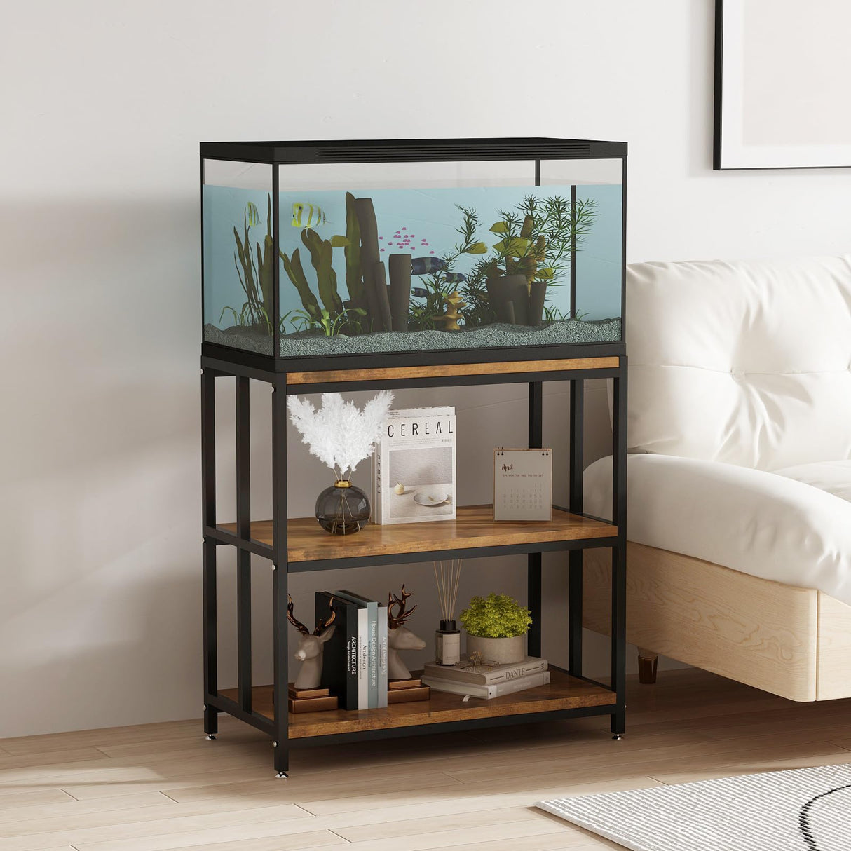 WOULHOMY Fish Tank Stand for 20 Gallon Aquarium, Metal Aquarium Stand with 3-Tier Shelves, Breeder Reptile Tank Stand for Home Office 26.96” x 15.74” x 33.26” (Black) WOULHOMY