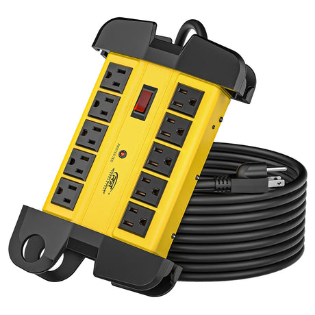 CRST 10-Outlets Heavy Duty Power Strip Metal Surge Protector with 15 Amps, 15-Foot Power Cord 2800 Joules for Garden, Kitchen, Office, School, ETL Listed(3165047) (10-Outlet, Yellow) CRST