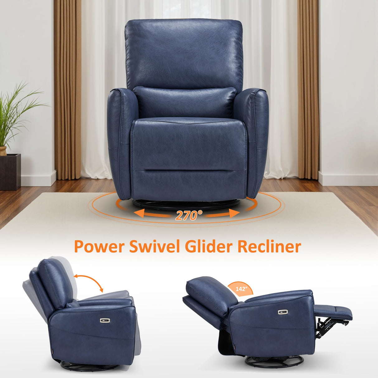 MCombo Power Swivel Rocker Recliner with Lumbar Support, Faux Leather Electric Nursery Glider Recliner Chair for Adults, 6922 (Navy Blue) MCombo