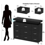 Tohomeor TV Stand 9 Drawer Dresser with Power Outlet & LED Lights, Modern Chest of Drawers Fabric Drawers with PU Finish Small TV Console Table Dresser for Living Room (Black, 9 Drawers) Tohomeor