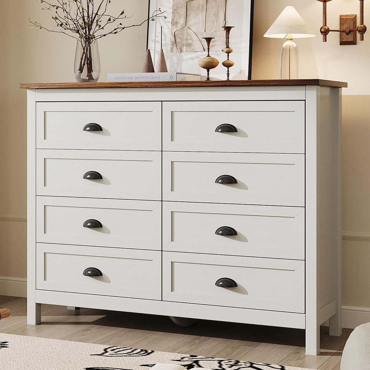 SINROM White Dresser for Bedroom, Farmhouse 8 Drawer Dresser, Wide Chest of Drawers with Metal Handles, Modern Wood Double Chest for Bedroom, Living Room, Hallway SINROM