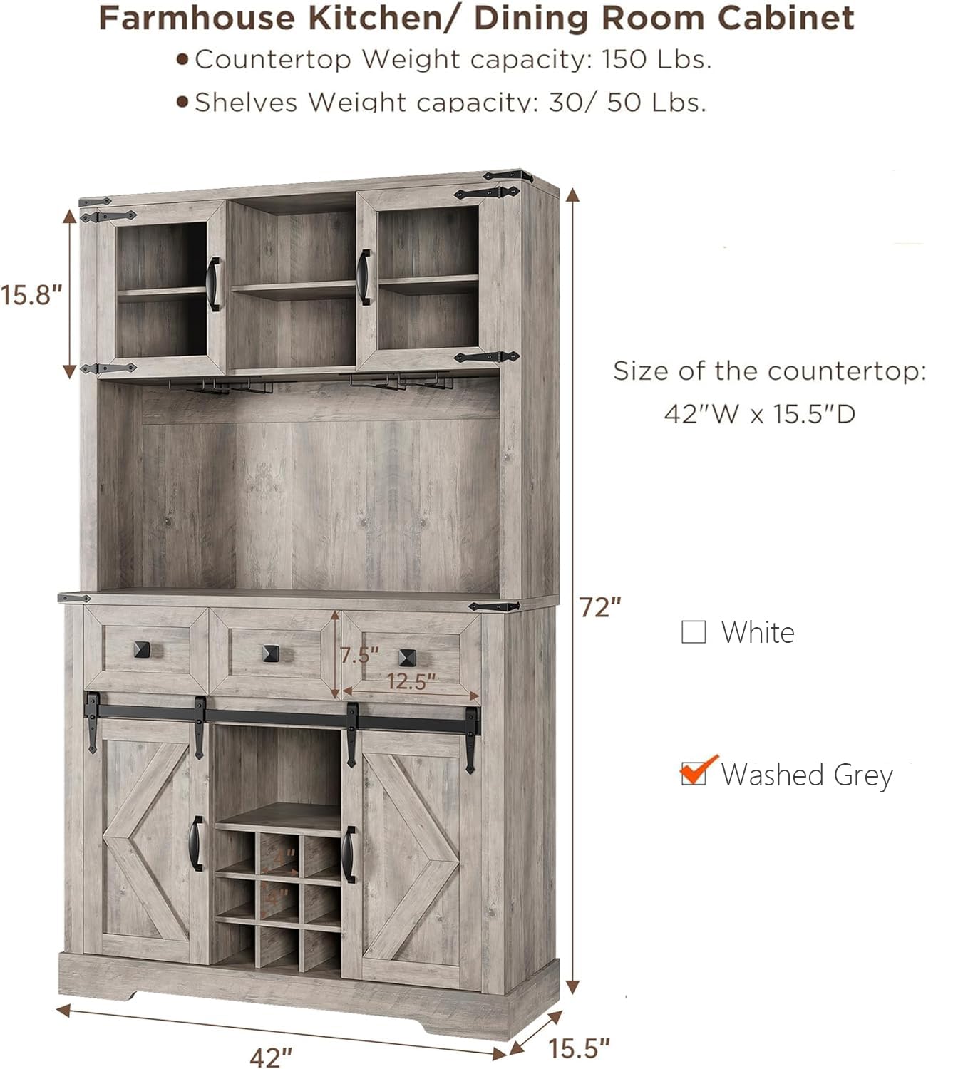 72" Farmhouse Bar Cabinet with Sliding Barn Door, Tall Kitchen Buffet with Storage Hutch and 3 Drawer, Rustic Coffee Bar Sideboard with Wine & Glasses Rack, for Living Room, Washed Grey