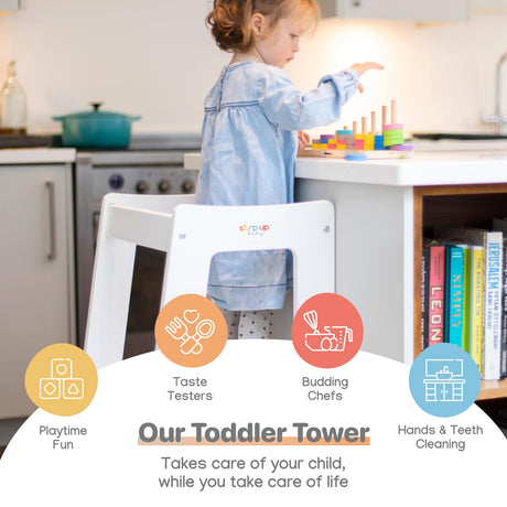 Adjustable Toddler Standing Stool for Kitchen & Bathroom | Wooden Step Stool with Safety Rails for Cooking & Learning | Sturdy & Secure Platform for Ages 18 Months to 5 Years Stepup Baby