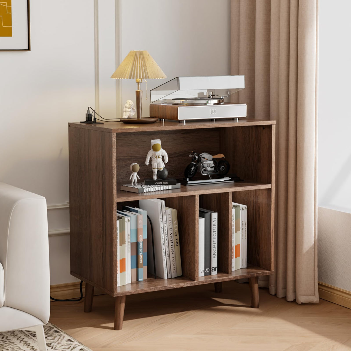 VINGLI Record Player Stand with Open Vinyl Storage, Mid-Century Album Storage Table with LED Light up to 300 Albums, Vinyl Record Player Shelf with Power Outlet for Living Room, Walnut VINGLI