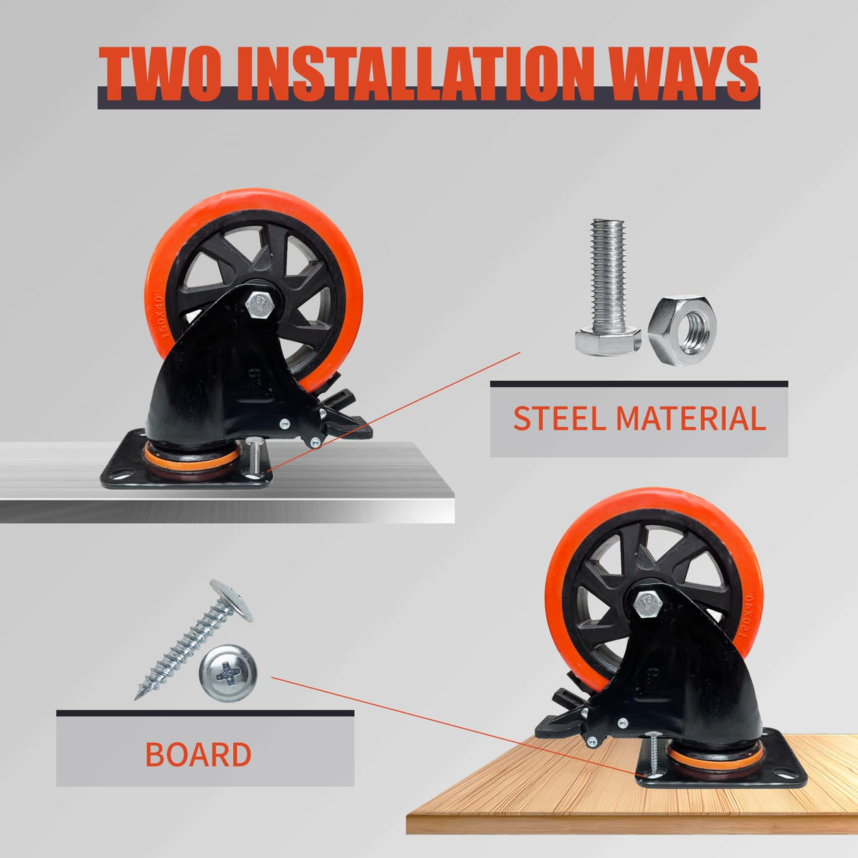 6 Inch Caster Wheels, Heavy Duty Casters- Galvanized Bracket Polyurethane Caster Wheels, with up to 1200 LB Capacity Per Wheel, Use for Handling, Industrial Trolleys (2 Swivel) ZDNEY