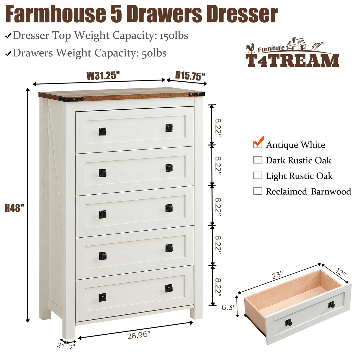T4TREAM Farmhouse 5 Drawers Dresser Chests for Bedroom, Wood Rustic Tall Chest of Drawers, Dressers Organizer for Bedroom, Living Room, Hallway, Antique White T4TREAM