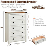 T4TREAM Farmhouse 5 Drawers Dresser Chests for Bedroom, Wood Rustic Tall Chest of Drawers, Dressers Organizer for Bedroom, Living Room, Hallway, Antique White T4TREAM