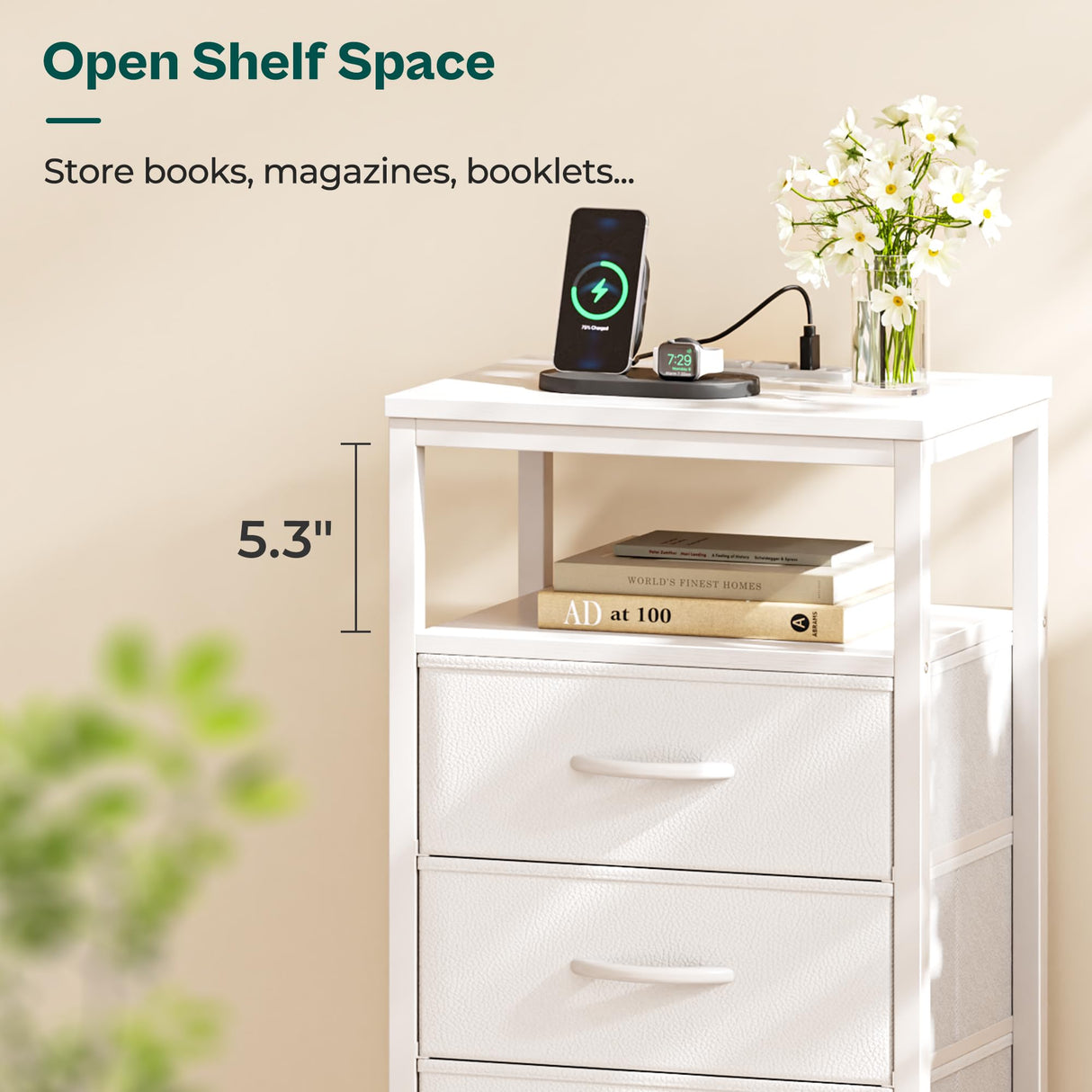 Huuger Nightstands Set of 2, 27.6 Inch End Tables with Charging Station, Bedside Tables with Drawers, PU Leather Finish, USB Port and Outlet, Night Stands for Bedroom, White Huuger