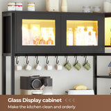 Itaar Bakers Rack with Power Outlet and LED Light, 45.3 Inch Farmhouse Coffee Bar Cabinet, Kitchen Microwave Stand with Storage, Glass Cabinet, Goblet Holder and 8 Hooks, Black Itaar