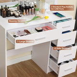 usikey Makeup Vanity with 12 Lights, Vanity Desk with Power Outlet, Makeup Vanity Table with 5 Drawers, Large Mirror, Dressing Vanity Table with Stool for Bedroom, Bathroom, White usikey