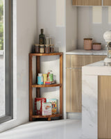 BLUEWEST 3-Tier Corner Shower Caddy Stand, Wood Shower Organizer Standing with Anti-Slip Feet, Waterproof & Durable Bathroom Corner Shelf, Space-Saving Design Storage for Kitchen or Living Room BLUEWEST