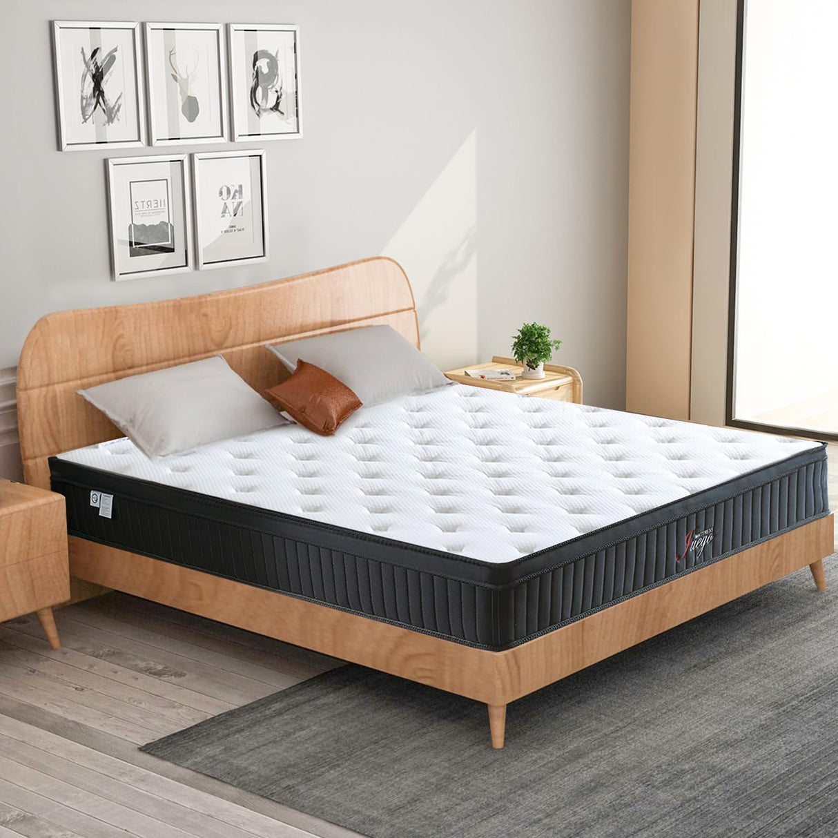 Juego King Mattress 80"*76"*12" 12 Inch King Size Mattress Reinforced Independent Pocket Spring Thickened Memory Foam Hybrid Three-Dimensional Breathable Soft Comfortable Boxed Mattress King Black Juego