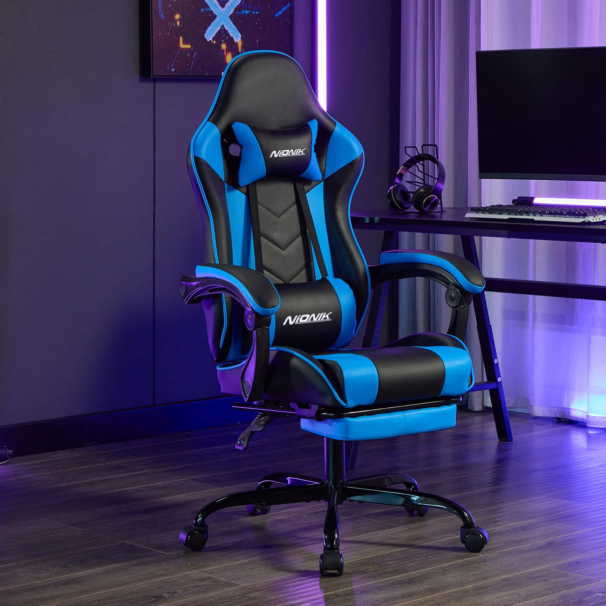 Gaming Chair with Footrest, Ergonomic Computer Chair with Headrest and Lumbar Support, PU Breathable Material Height Adjustable Video Game Chairs for Adults, BlackBlue NIONIK