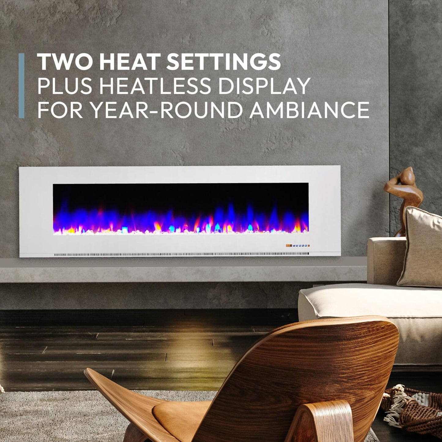 Cambridge 72 Inch Wall Mount Electric Fireplace Heater with Remote Control, Multicolor Flames, and Crystal Rock Display for Indoor Use in Living Room, Bedroom, Home Office, White