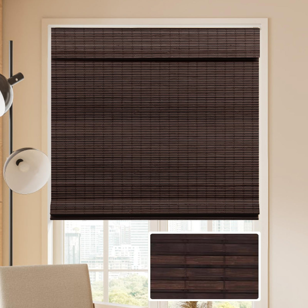 LUCKUP Cordless Bamboo Roman Blinds Shades for Indoor Windows-Blackout Room Darkening Roman Blinds with 6" Valance Cover Enhanced Privacy, 20" W x 64" H LUCKUP