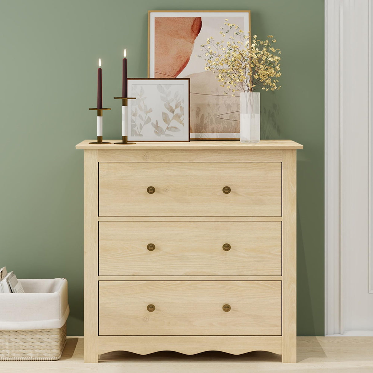 CHYMSUN Oversized 3 Drawer Dresser for Bedroom, Mid Century Modern Wooden Dressers Chest of Drawers with Handles, Waveform Nightstand Dresser, Storage Organizer for Bedroom, Living Room, Wood CHYMSUN