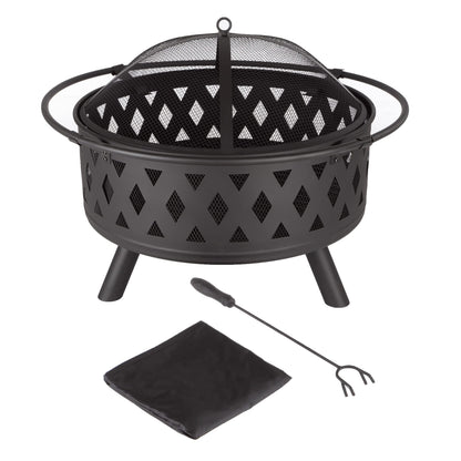 Fire Pit - 32-Inch Outdoor Wood Burning Firepit with Screen, Poker, and Cover - Outdoor Fire Pits for Backyard, Deck, or Patio by Pure Garden (Black)