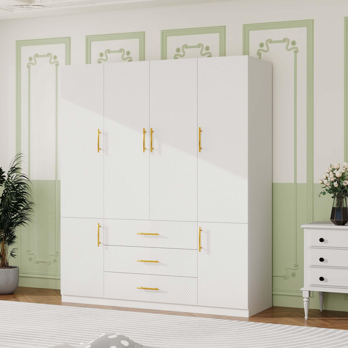 TemkTuek White Wardrobe Closet with Doors, 3 Drawers, Hanging Rods, Metal Handles, Large Capacity, Modern, Freestanding Armoire, Ideal for Bedroom 63.0" W x 20.47" D x 70.87" H (26) TemkTuek