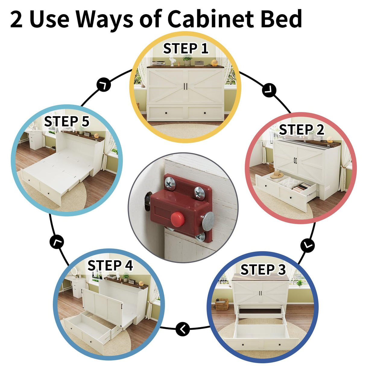 LUXOAK Murphy Bed with Charging Station, Queen Size Cabinet Bed with Large Storage Drawer for Home Office or Small Room, Hideaway Full Foldable Platform Bed, White LUXOAK