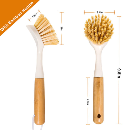 FunCee 2 Pack Kitchen Dish Brushes with Bamboo Handle, Dish Scrubber Built-in Scraper, Scrub Brush for Pans, Pots, Counter & Kitchen Sink Cleaning, Dishwashing and Cleaning Brush Tools, White