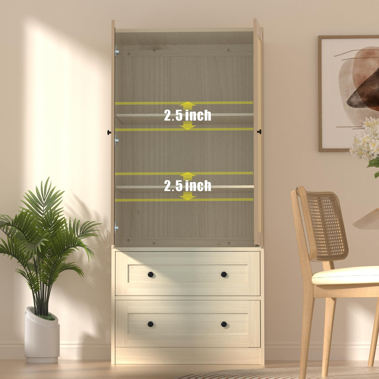 DIYART Rattan Oak Kitchen Pantry Cabinet, 64.2" Tall Kitchen Storage Cabinet with Doors and Drawers, Freestanding Wooden Storage Cabinet for Kitchen, Dining Room DIYART