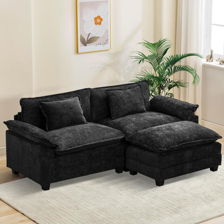 Oprisen Modular Sectional Sofa, Comfy Cloud Couch Sectional Sofa with Ottoman, Chenille Sofa Sleeper Deep Seat Sofa with Throw Pillows for Living Room (Black, 86"- L Shape) Oprisen