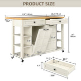 DWVO Kitchen Island with Drop Leaf, Tilt Out Trash Can Cabinet, Mobile Storage Islands with Power Outlet, Americana Rolling Island Table on Wheels with Open Shelves for Dining Room, Off White DWVO