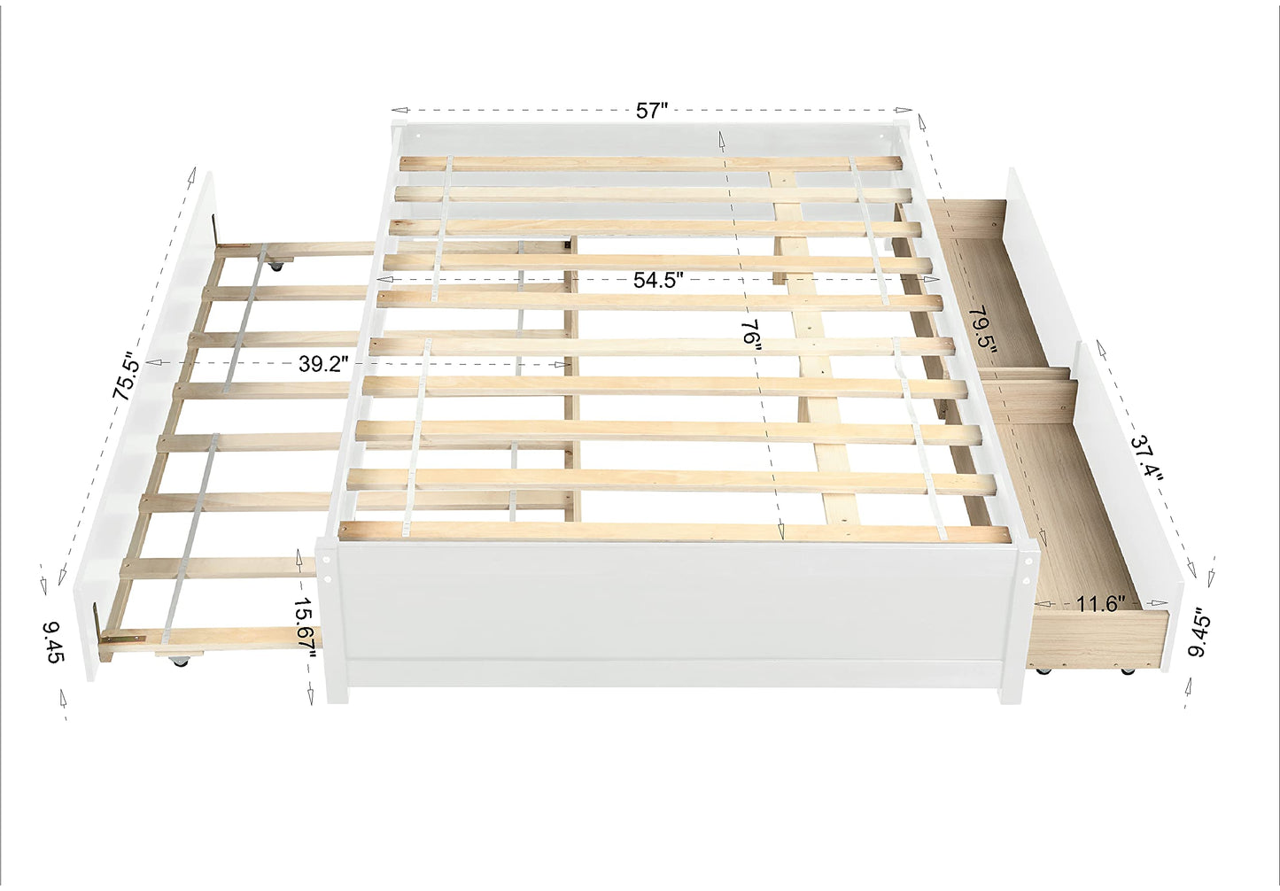 Harper & Bright Designs Full Bed with Storage Drawers and Trundle, Solid Wood Platform Bed Frame for Kids Teens Adults (Full Size, White)