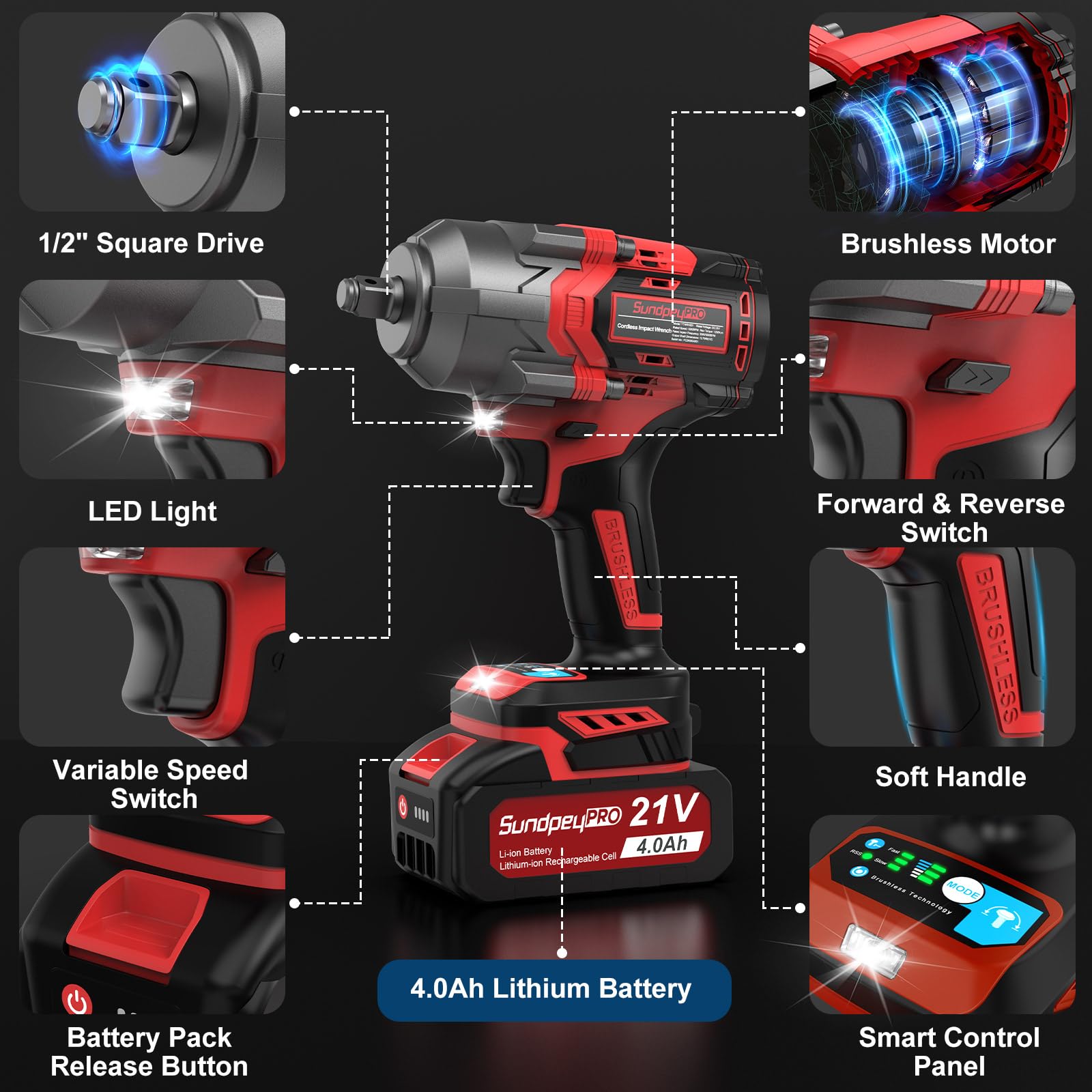 SundpeyPRO Cordless Impact Wrench 900Ft-lbs(1200N·m) - 21V 1/2" Brushless Power Impact Driver with 2 * 4.0Ah Batteries - 3200RPM High Torque Electric Impact Gun with Sockets & Fast Charger &  - WoodArtSupply