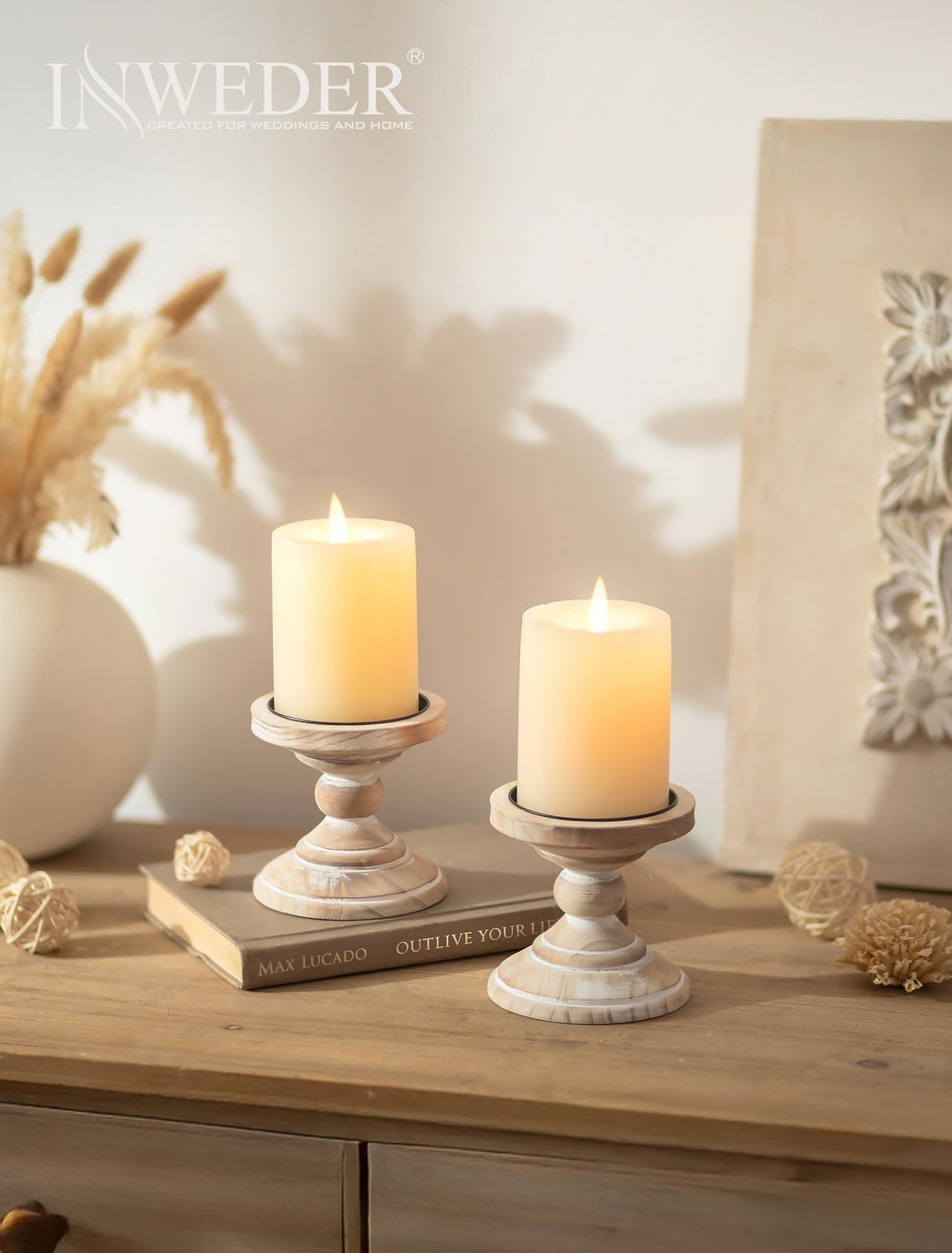 Inweder Wood Pillar Candle Holder: 2Pcs Rustic White Candle Holders for Pillar Candles Wood Candle Holders Distressed Wooden Farmhouse Candle Holder Large Rustic Candle Holder for Fireplace Table Inweder